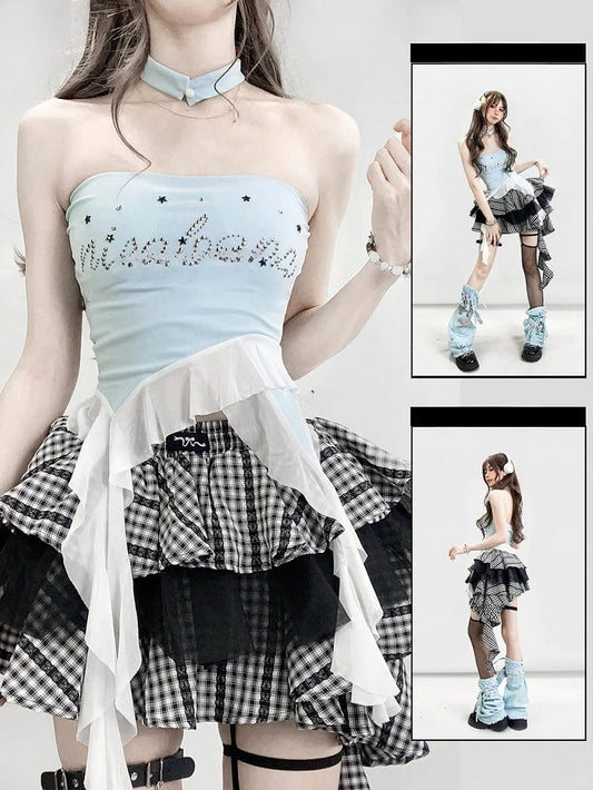 トップヘムチューブラインストーン装飾文字グラマラスY2Kブルーアシンメトリー