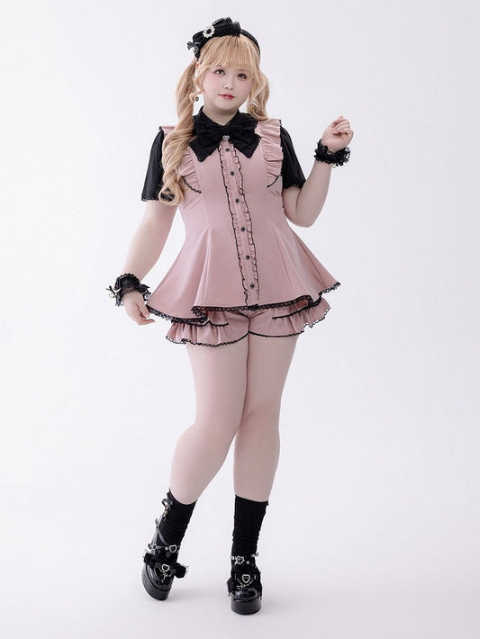 Black and Pink Chiffon Ruffle Dress with Lace, Shorts, and Bow Set - Fluffy Heart