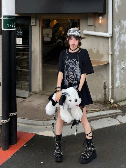 Version T-Shirt Y2K Black Graffiti Print Bittersweet Long/Short