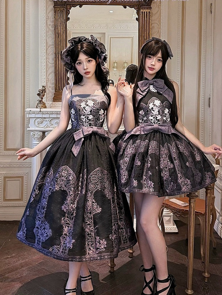 Asian Noir Purple Boned Bow Floral JSK Dress - Yimu Walnut
