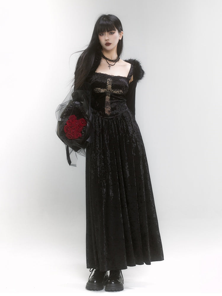 Gothic Black Velvet Square Neckline Lace Cross Dress