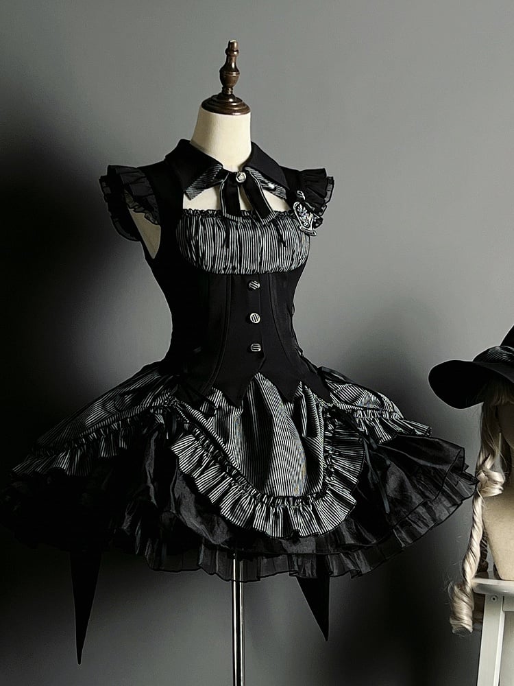 Halloween Hem Gray and Dress Black Boned Drawstring Pattern Lolita Striped Gothic Waist