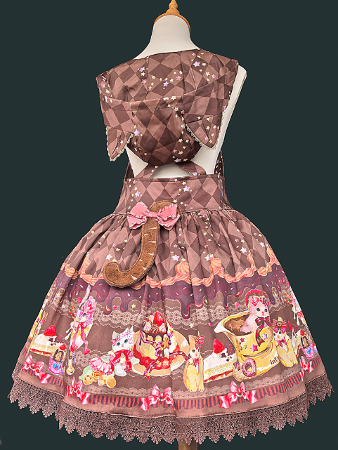 Lolita Cat Hood with Dress Ear Print Sweet Dessert Coffee Pattern Diamond and Overall