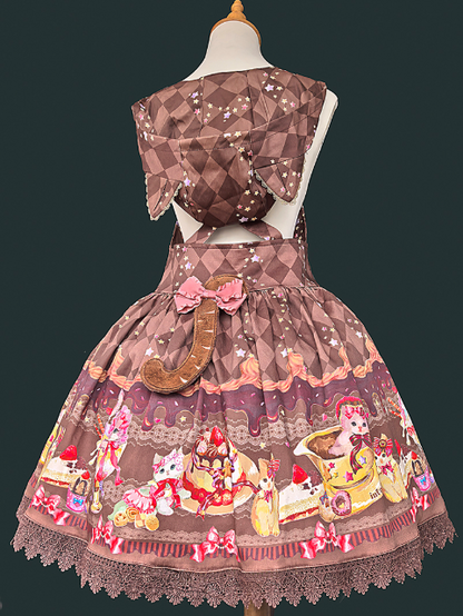 Lolita Cat Hood with Dress Ear Print Sweet Dessert Coffee Pattern Diamond and Overall