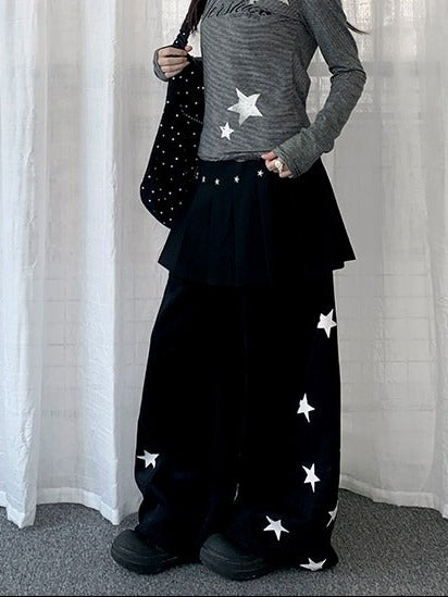 Black/Gray Curved Leg Pants with Star Print - Solkatt