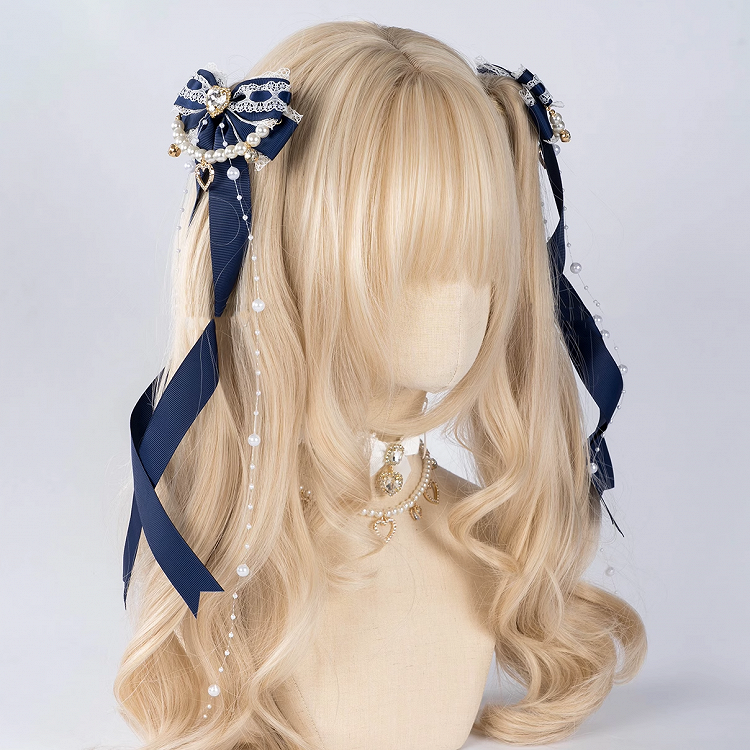 Rhinestone Bow Hairclips with Beaded Chains 5 Colors Jirai Kei Heart