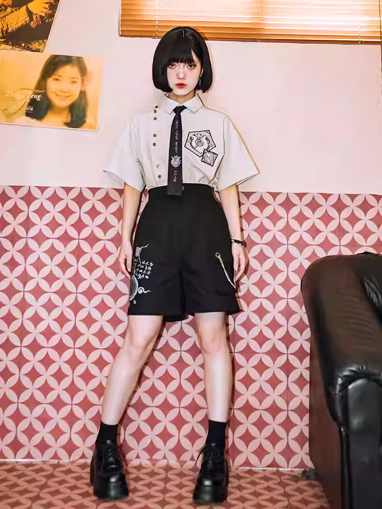 シャツ ホワイト アシンメトリー ボタン 半袖 プレッピー プラケット