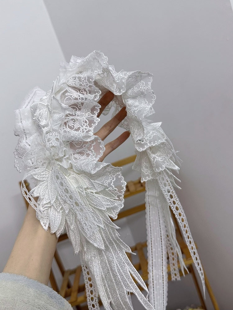Wings Lace Angle Black/White Gorgeous Ruffled Hairband Bow