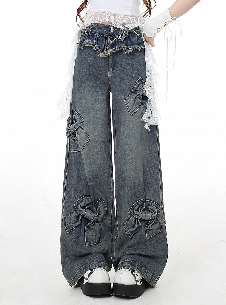 Hem Blue Big Bows Raw Wide-Leg Jeans