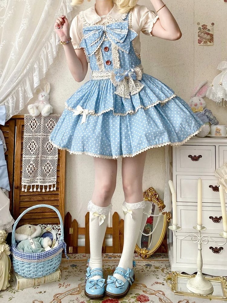 Kleid Altes Muster Lolita Polka-dot Schule Blau Overall