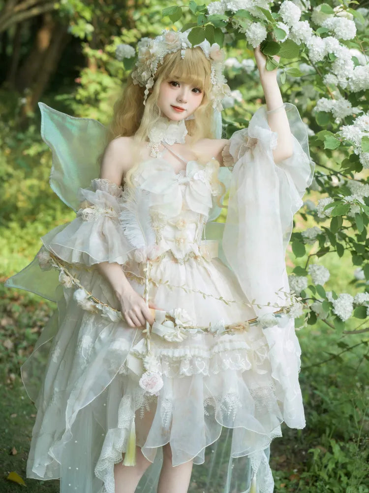 Lolita Fairycore Kleid JSK Beige Volles Design Prinzessin und Set Schmetterling Blumen