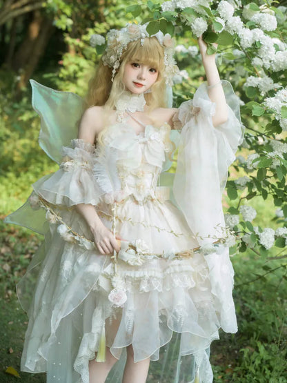 Lolita Fairycore Kleid JSK Beige Volles Design Prinzessin und Set Schmetterling Blumen