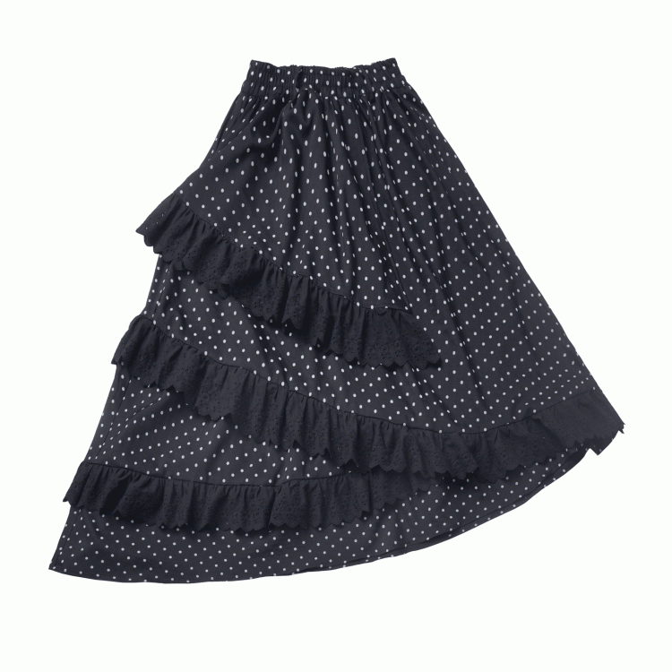 ブラックの伸縮性ウエスト、アシンメトリーレース、水玉模様のスカートトリム