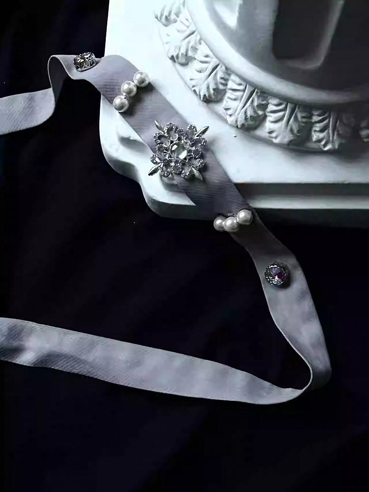 Rot/Weiß/Dunkelblau/Grau Gothic Lolita Taillengürtel mit Perlenverzierung