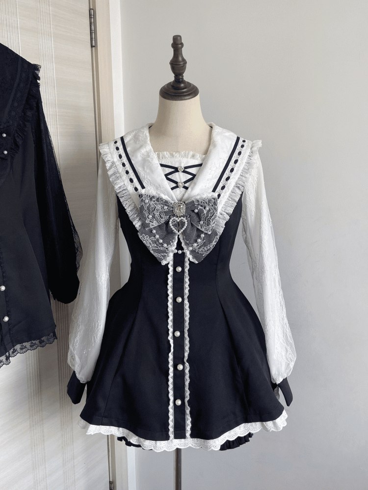 White Set: Jirai Kei Coord with and Collar Black Sailor Matching Nautical Dress Shorts