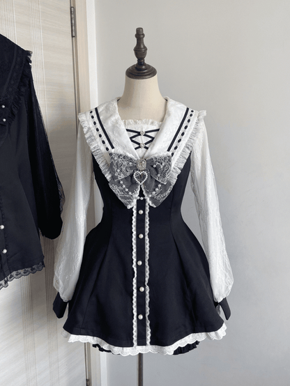White Set: Jirai Kei Coord with and Collar Black Sailor Matching Nautical Dress Shorts