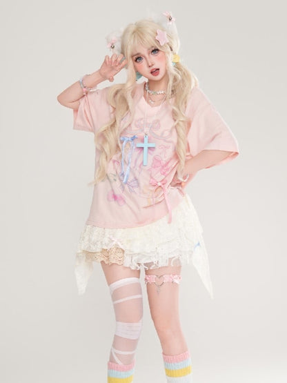 Print Lace Bow Details And Pink With Top Hem