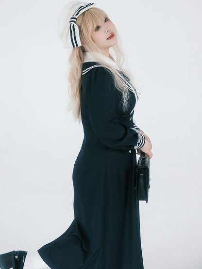 Midi JK Dress Size Striped Uniform Accents Preppy Black with Faux Plus Collar Two-Piece Sailor