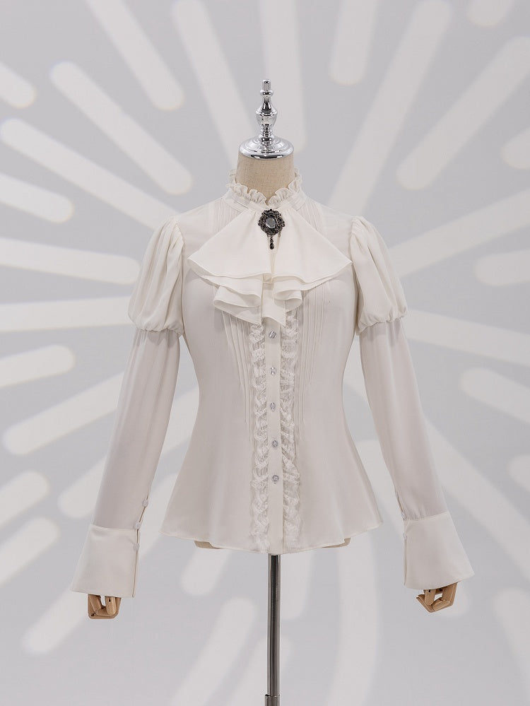 White Long Juliette Sleeve Shirt with Ruffled Neckline and Jabot - DevilInspired Exclusive Collection