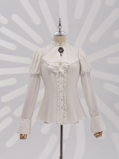 White Long Juliette Sleeve Shirt with Ruffled Neckline and Jabot - DevilInspired Exclusive Collection