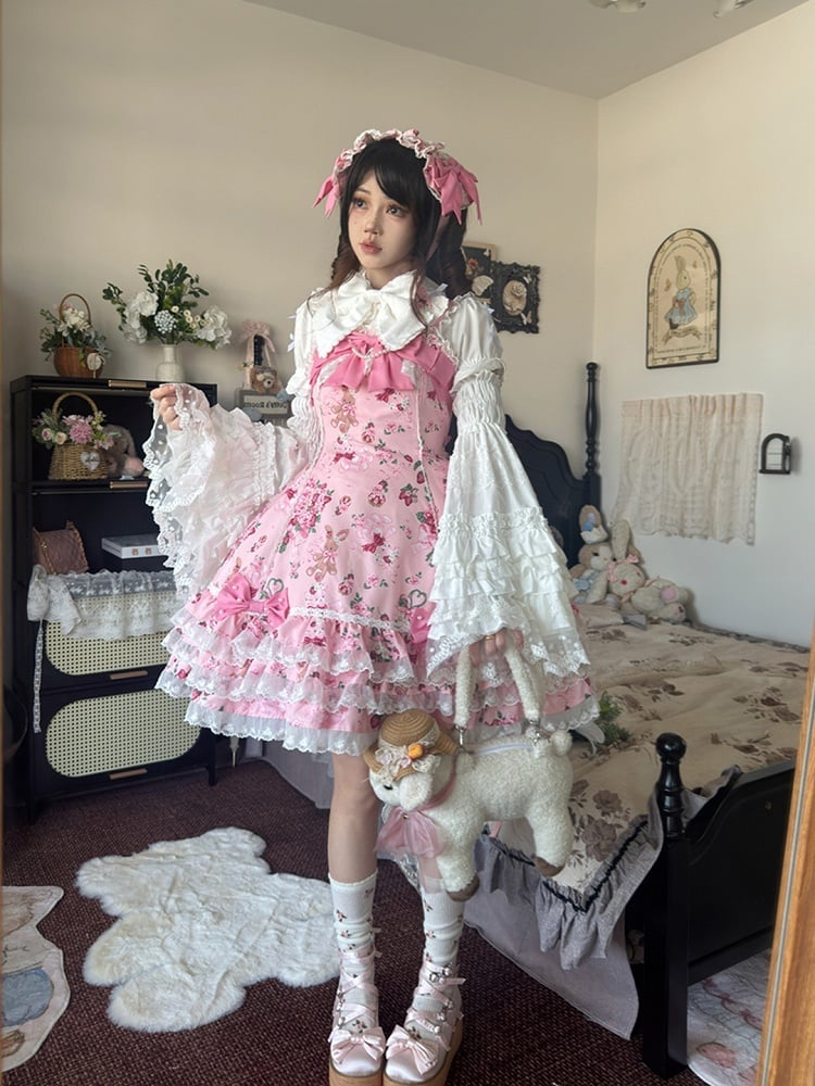 Trim Pink Floral Sweet Dress Lace Bow Lolita Accents Bunny and with Print