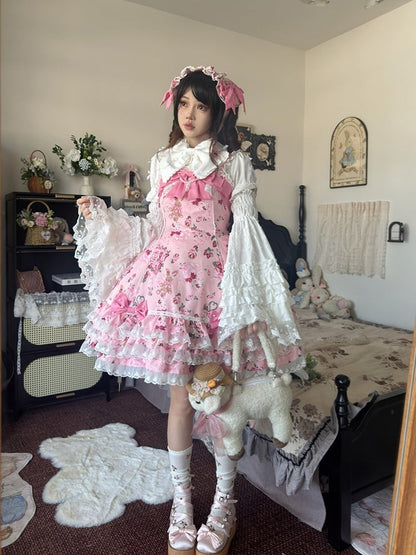 Trim Pink Floral Sweet Dress Lace Bow Lolita Accents Bunny and with Print