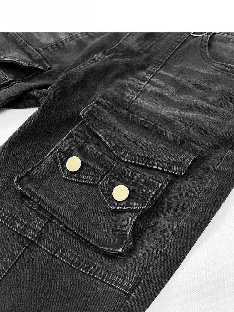 Silhouette Jeans mit mehreren Taschenakzenten, Taillenschlag, Kawaii, Schwarz, Glamourös, Bittersüß, Niedrig