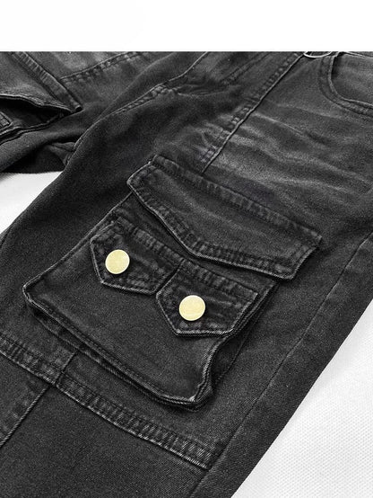 Silhouette Jeans mit mehreren Taschenakzenten, Taillenschlag, Kawaii, Schwarz, Glamourös, Bittersüß, Niedrig