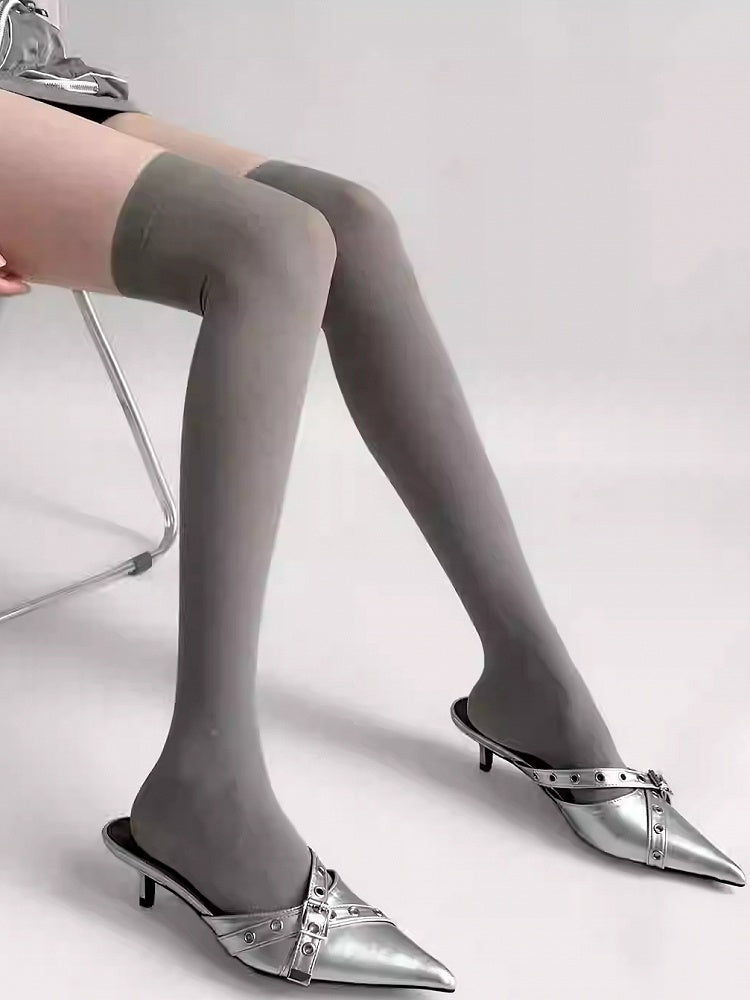 Gerippte Overknee-Strümpfe mit Besatz Schwarz/Weiß/Beige/Grau