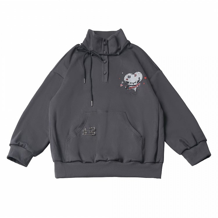 Stand Collar Sweatshirt in Gray with Cartoon Mouse Print and Safety Pin Detail - PINK SAVIOR