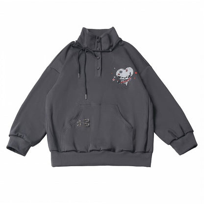 Stand Collar Sweatshirt in Gray with Cartoon Mouse Print and Safety Pin Detail - PINK SAVIOR