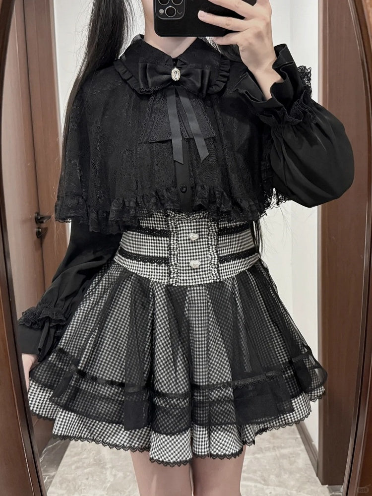 Tiered Kei - Button Black Heart Skirt Jirai White High-Waist Plaid Design Detailed