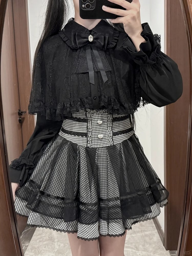 Size Lace Available Black Cape Bow - Plus with Tie Blouse Detachable Jirai Kei
