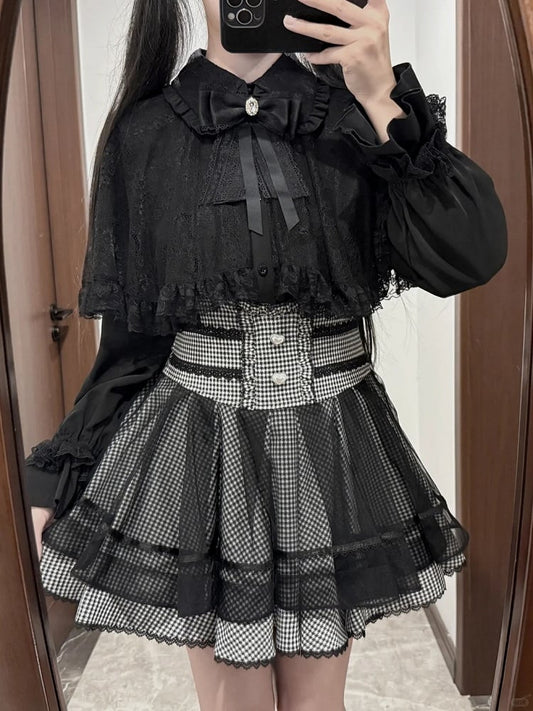 Size Lace Available Black Cape Bow - Plus with Tie Blouse Detachable Jirai Kei