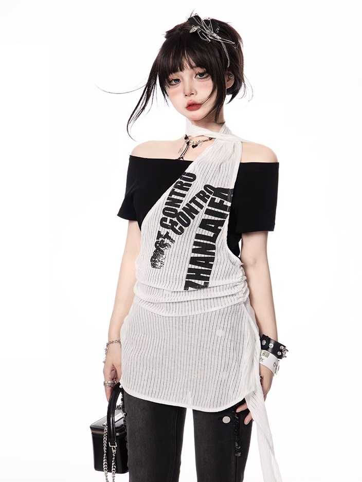 Y2K Black and White Letter Two-pieces Print Halter T-shirt