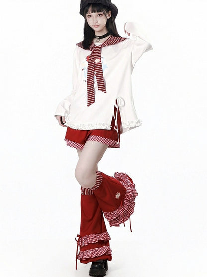 Red Striped Shawl with Apple Embellishment - PINK SAVIOR