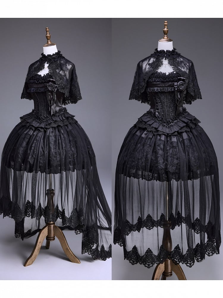 Black Lolita Dress Set with Basque Waist and Lace-Up - Airfreeing
