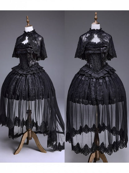 Black Lolita Dress Set with Basque Waist and Lace-Up - Airfreeing