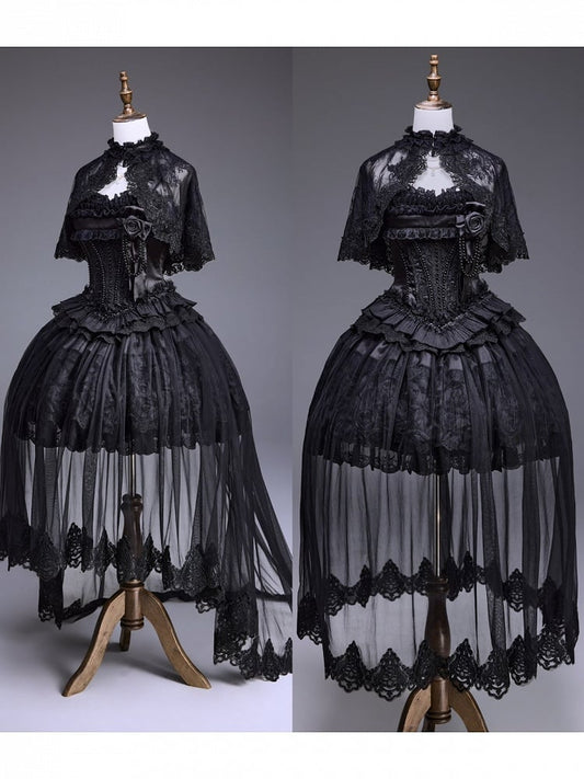Black Lolita Dress Set with Basque Waist and Lace-Up - Airfreeing