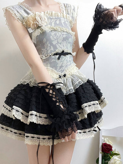 Lace-Up Style Lolita Cuffs Black Wrist Colors: Ruffled (2