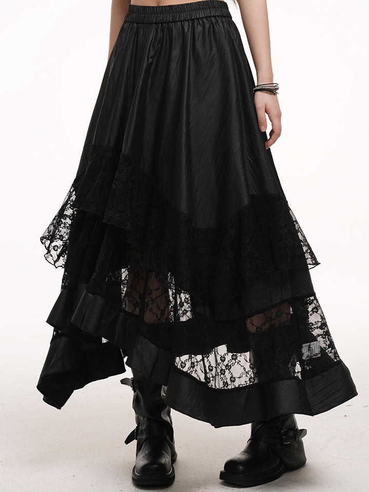 Hem Lace Patches Skirt Black Elastic Waist Asymmetrical