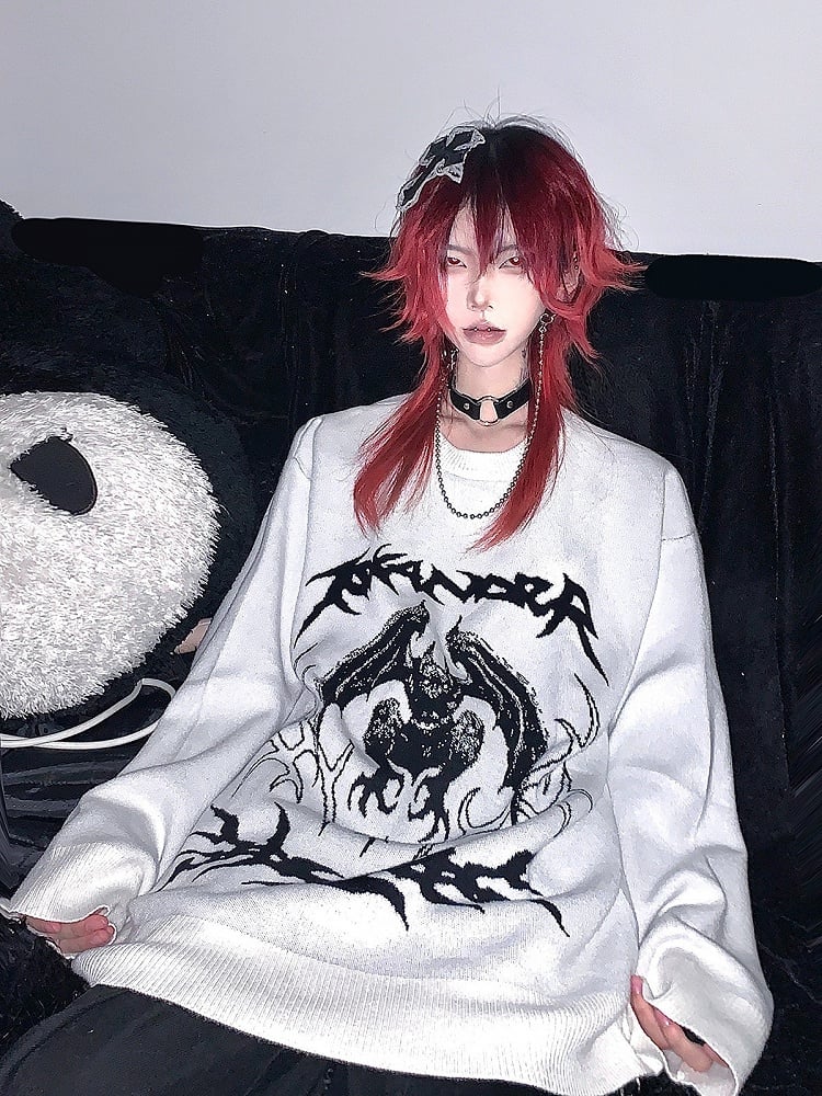 Oversized Crew Neck Pullover with Dark Pattern Print - WET BODY