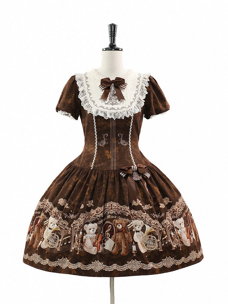 Vintage Doll Style Brown Short Sleeve OP Dress with Bear Symphony Print - Twin Bear Original Design