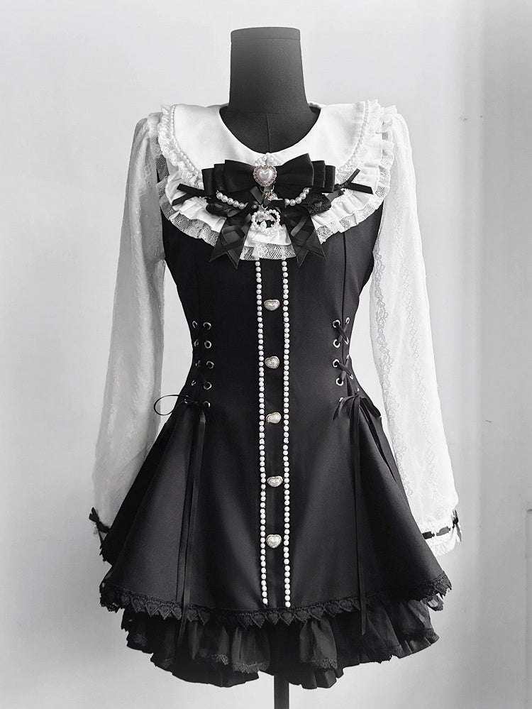 Black & White Jirai-Kei Lace Long Sleeve Dress with Bow & Bead Decorations + Shorts - AOSpace