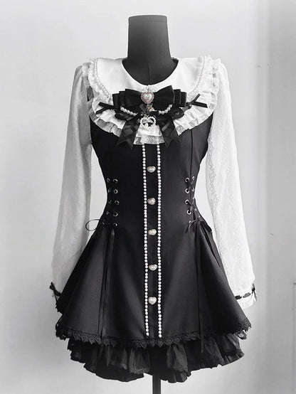 Black & White Jirai-Kei Lace Long Sleeve Dress with Bow & Bead Decorations + Shorts - AOSpace