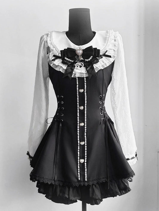 Black & White Jirai-Kei Lace Long Sleeve Dress with Bow & Bead Decorations + Shorts - AOSpace