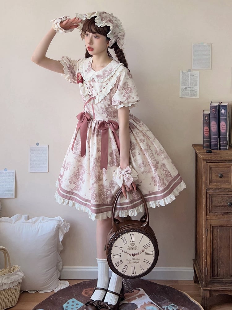 Dusty Sleeves Short Lolita Dress Print Collar Purple Grapes Pan Peter