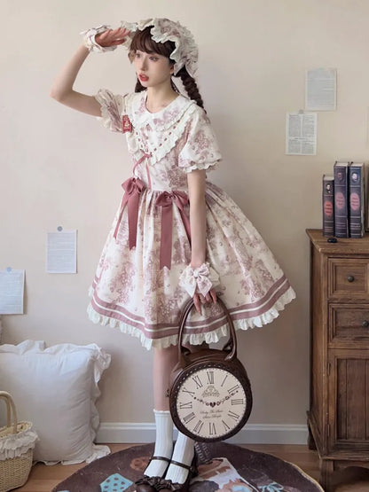 Lolita-Kragen-Print Pan Dusty Grapes Kurzes lila Ärmelkleid Peter