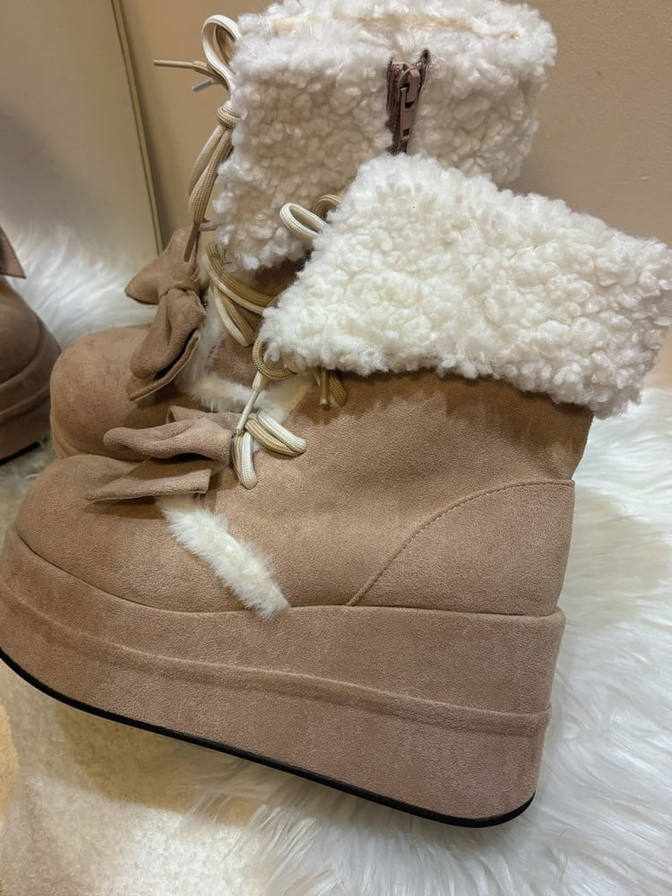 Khaki Bow Accent Fleece Lined Platform Winter Boots