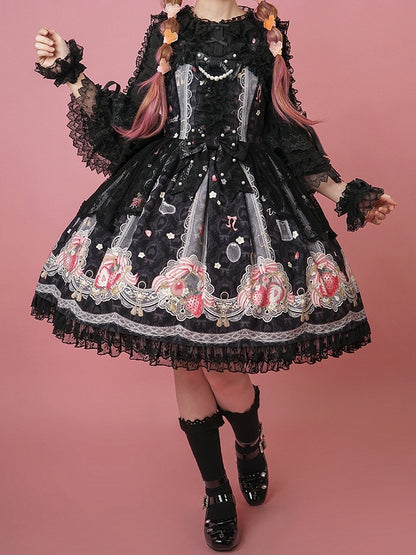ロリータ スイート ブラック ストロベリー ジャンパー プリント スカート